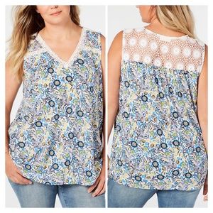 0X Style & Co Blue/Yellow Crochet Boho Tank